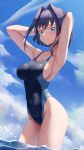  1girl absurdres armpits arms_behind_head arms_up bangs bare_arms blue_archive blue_eyes blue_sky blush breasts cleavage closed_mouth cloud cloudy_sky competition_swimsuit cosplay covered_navel cowboy_shot day hair_intakes highleg highleg_swimsuit highres hololive hololive_english large_breasts one-piece_swimsuit ouro_kronii outdoors partially_underwater_shot shiroko_(blue_archive) shiroko_(blue_archive)_(cosplay) shiroko_(swimsuit)_(blue_archive) shironekokfp short_hair sideboob sky solo swimsuit thighs two-tone_swimsuit virtual_youtuber wading wet 