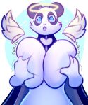  &lt;3 &lt;3_eyes anthro big_breasts breast_grab breast_play breast_squish breasts clothed clothing disembodied_hand fatal_dx feathered_wings feathers female fur giant_panda halo hand_on_breast hi_res huge_breasts looking_down mammal open_mouth partially_clothed simple_background solo squish surprise text ursid wings 