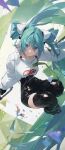  1girl absurdly_long_hair absurdres aqua_eyes aqua_hair black_bodysuit bodysuit breasts closed_mouth confetti cropped_jacket flame_print floating_hair full_body goodsmile_racing hatsune_miku headgear highres jacket knees_up long_hair looking_at_viewer modare racing_miku racing_miku_(2022) single_thighhigh smile smiley_face solo thighhighs twintails v-shaped_eyebrows very_long_hair vocaloid white_jacket 