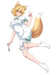  1girl animal_ears blonde_hair brown_eyes corked_bottle fox_ears fox_girl fox_shadow_puppet fox_tail full_body green_ribbon highres kudamaki_tsukasa ootsuki_wataru ribbon romper short_hair simple_background smile socks solo tabi tail test_tube touhou white_background 