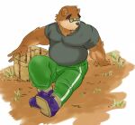  2022 anthro belly bottomwear brown_body brown_fur bulge clothing eyewear fur glasses kemono lifewonders male mammal ononokomachiimo overweight overweight_male pants shirt sitting solo tokyo_afterschool_summoners topwear ursid video_games volos 