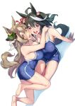  2girls ahoge animal_ears bare_arms bare_legs bare_shoulders barefoot black_hair blue_swimsuit blush breasts brown_eyes brown_hair hair_between_eyes highres horse_ears horse_girl horse_tail kitasan_black_(umamusume) large_breasts long_hair multiple_girls nonco one-piece_swimsuit open_mouth red_eyes satono_diamond_(umamusume) short_hair simple_background smile swimsuit tail teeth umamusume upper_teeth white_background white_hair 