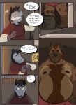  2022 anthro belly big_belly blush bulge clothing comic didelphid dippubear duo english_text hi_res humanoid_hands hyaenid male mammal marsupial moobs nipples outside overweight overweight_male text underwear 
