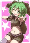  1girl animal_ears belt belt_buckle blush buckle cowboy_shot dog_ears dog_tail fangs green_eyes green_hair grey_belt hair_between_eyes holding holding_microphone kasodani_kyouko kihuzinz microphone navel one_eye_closed open_mouth pointing pointing_at_viewer short_hair smile solo symbol-only_commentary tail touhou 