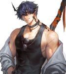  1boy arknights bangs black_hair black_shirt choker demon_horns earrings flamebringer_(arknights) flamebringer_(holiday)_(arknights) grey_jacket highres horns iroai_midodo jacket jewelry looking_at_viewer male_focus multicolored_hair muscular muscular_male necklace official_alternate_costume orange_eyes oripathy_lesion_(arknights) pointy_ears purple_hair scar scar_on_arm shirt short_hair simple_background smile solo sunglasses tank_top two-tone_dress weapon 
