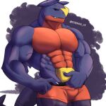  anthro black_sclera briefs clothed clothing dragon fish garchomp male marine muscular muscular_male navel nintendo partially_clothed pok&eacute;mon pok&eacute;mon_(species) robinmg_45 scalie shark solo underwear video_games 