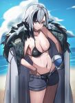  1girl absurdres arlecchino_(genshin_impact) ball bangs bare_shoulders beach beachball bikini black_bikini black_hair blue_sky breasts cloud coat coat_on_shoulders commentary cowboy_shot day english_commentary fur-trimmed_coat fur_trim genshin_impact grey_coat grey_eyes grey_hair grey_shorts hand_on_hip highres holding holding_ball looking_at_viewer medium_breasts multicolored_hair navel ocean open_fly outdoors plabit revision short_hair short_shorts shorts sky solo standing stomach streaked_hair sweat swimsuit thighs water 