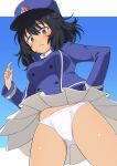  1girl andou_(girls_und_panzer) bc_freedom_military_uniform black_hair blush breasts brown_eyes eyebrows_hidden_by_hair from_below girls_und_panzer hat highres kamuraaa_615 looking_down military military_hat military_uniform miniskirt panties shiny shiny_hair shiny_skin short_hair simple_background skirt small_breasts solo underwear uniform upskirt white_panties wind wind_lift 