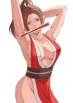  1girl arm_behind_head armpits arms_up bare_arms black_sash breasts brown_eyes brown_hair collarbone fatal_fury folded_fan folding_fan hand_fan high_ponytail highres holding holding_fan japanese_clothes long_hair looking_at_viewer medium_breasts mouth_hold pelvic_curtain popo_agaga revealing_clothes sash shiranui_mai sideboob sidelocks simple_background solo the_king_of_fighters white_background 