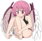  1girl animal_ears ass bad_anatomy barefoot bird_ears bird_wings black_nails blush clipping_nails closed_mouth collarbone fingernails hair_between_eyes jagabutter mystia_lorelei nail_clippers nail_polish pink_eyes pink_hair sharp_fingernails sharp_toenails short_hair simple_background solo toenail_polish toenails touhou white_background white_wings wings 