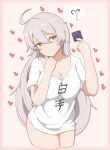  1girl ? ahoge blush breasts closed_mouth collarbone commentary_request condom cowboy_shot grey_hair hair_between_eyes heart highres holding holding_condom honkai_(series) honkai_impact_3rd kiana_kaslana kiana_kaslana_(herrscher_of_the_void) large_breasts long_hair looking_at_viewer milliani orange_eyes shirt smile solo standing translation_request very_long_hair white_shirt 