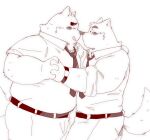  2022 anthro blush bottomwear canid canine canis clothing domestic_dog duo eyes_closed ginsingoo1 hand_holding kemono male male/male mammal necktie overweight overweight_male pants shirt topwear 