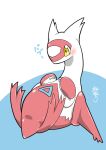  animal_focus artist_name blue_background blush claws commentary_request full_body kazamidoririnn latias lying no_humans on_back partial_commentary pokemon pokemon_(creature) signature simple_background solo translation_request two-tone_background yellow_eyes 