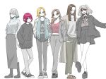  6+girls black_shirt blue_eyes blue_jacket boots breasts brown_eyes brown_hair chin_piercing cleavage commentary_request earrings full_body gradient_hair green_eyes grey_jacket hair_over_one_eye hand_in_pocket hand_on_own_hip highres jacket jewelry jirai_kei long_hair long_sleeves medium_breasts medium_hair midriff_peek multicolored_hair multiple_girls neck_ribbon open_clothes open_mouth open_shirt original pants partially_colored purple_eyes purple_hair red_eyes red_shirt ribbon sakashima_0822 shirt short_hair simple_background skirt sweater turtleneck turtleneck_sweater two_side_up white_background wolf_cut 