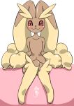  1girl :3 animal_ears arms_at_sides artist_name blush body_fur brown_fur closed_mouth collarbone commentary_request flat_chest full_body furry furry_female happy kazamidoririnn knees_together_feet_apart looking_at_viewer lopunny navel partial_commentary pointy_ears pokemon pokemon_(creature) rabbit_ears rabbit_girl red_eyes signature simple_background sitting smile solo stomach straight-on two-tone_background two-tone_fur yellow_fur 