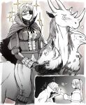  black_choker blonde_hair cape capelet choker co1fee dungeon_meshi eyepatch falin_thorden falin_thorden_(tallman) heart high_ponytail highres horseback_riding kiss kissing_hand laios&#039;_ideal_chimera long_hair marcille_donato monochrome multiple_heads ponytail riding sparkle spot_color wolf yellow_eyes yuri 