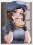  1girl beret blue_eyes blue_headwear blue_shirt blush brown_gloves brown_hair commentary english_commentary fingerless_gloves food gloves hat highres holding holding_food holster jill_valentine looking_at_viewer open_mouth police police_hat police_uniform policewoman resident_evil sandwich shirt short_hair short_sleeves shoulder_holster sinau solo underbust uniform watch wristwatch 