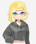  1girl :p absurdres black_hoodie blonde_hair blue_eyes commentary_request cropped_hoodie earrings highres hood hoodie inkling inkling_girl inkling_player_character jewelry lightning_bolt_earrings medium_hair navel negi_kobito pointy_ears simple_background single_earring solo splatoon_(series) tentacle_hair thick_eyebrows tongue tongue_out upper_body white_background 