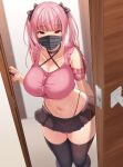  1girl black_ribbon black_thighhighs breasts ear_piercing hair_ribbon highres indoors large_breasts long_hair looking_at_viewer mask mouth_mask navel open_door original piercing pink_eyes pink_hair ribbon skirt solo superbad thighhighs 