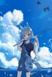  1girl ahoge animal_ears black_shirt blue_background blue_eyes blue_sky blush bug butterfly carrying_over_shoulder cloud cloudy_sky day fish fishing_rod flower grey_hair hair_flower hair_ornament hands_up highres holding holding_fishing_rod horizon horse_ears horse_girl horse_tail kiromo looking_at_viewer open_mouth outdoors overall_shorts overalls seiun_sky_(umamusume) shirt short_hair short_sleeves sky smile solo standing tail twitter_username two-tone_background umamusume water white_background 