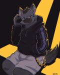 2022 anthro arknights black_hair blush bottomwear clothing ear_piercing eyebrow_piercing facial_piercing fur grey_body grey_fur hair hi_res hoodie hyena hypergryph kentachen27 looking_at_viewer male mammal piercing shorts sitting solo spot_(arknights) spotted_hyena studio_montagne tail topwear