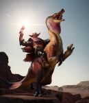 2022 3d_(artwork) absurd_res armor belly bird_wyvern blender_cycles cactus capcom claws clothed clothing cowboy cowboy_hat cowboy_outfit desert detailed_background digital_media_(artwork) dinosaur duo feral great_wroggi gun hat headgear headwear hi_res holding_gun holding_object holding_ranged_weapon holding_weapon human ivorylagiacrus lens_flare looking_at_viewer male mammal monster_hunter mountain multicolored_body multicolored_scales open_mouth orange_body orange_skin outside plant pupils ranged_weapon reptile riding riding_on_back roaring rock sand scales scalie scarf sky slit_pupils sun tail teeth tongue two_tone_body two_tone_scales weapon yellow_belly yellow_body yellow_eyes yellow_scales