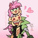 2024 amy_rose anthro archie_comics boob_hat breasts breasts_on_face clothing collar collar_tag copii_chaotix duo eulipotyphlan fangs female garter_straps gloves handwear heart_collar_tag heart_symbol hedgehog leaning_on_another looking_at_viewer male mammal multiple_piercings open_mouth piercing scar scourge_the_hedgehog sega sonic_the_hedgehog_(archie) sonic_the_hedgehog_(comics) sonic_the_hedgehog_(series) teeth tongue tongue_out tongue_piercing