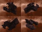  3d brown_background brown_theme cloud commentary concept_art emblem eve_online from_side highres machinery minmatar_republic_(eve_online) multiple_views nebula no_humans original realistic science_fiction spacecraft spinner-vision starry_background thrusters turret vehicle_focus 