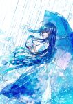  1girl absurdres blue_eyes blue_hair blue_theme blue_umbrella dress feet_out_of_frame half-closed_eyes highres holding holding_umbrella kumagaya_nono long_hair looking_at_viewer original rain short_sleeves solo standing umbrella very_long_hair white_dress 