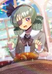  +_+ 100_percent_orange_juice 1girl black_hairband black_ribbon blurry blurry_background blurry_foreground blush breasts brown_dress commentary_request commission day depth_of_field dress drooling eyepatch food frilled_sleeves frills fur_collar green_hair hair_ribbon hairband hands_up indoors kou_hiyoyo krilalaris_(orange_juice) long_sleeves mouth_drool open_mouth red_eyes ribbon ringlets skeb_commission small_breasts solo window 