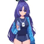  1girl black_halo blue_archive blue_buruma blue_jacket blue_shirt bottle breasts buruma commentary_request gym_shirt gym_uniform halo highres holding holding_bottle id_card jacket jacket_partially_removed lanyard large_breasts long_hair looking_at_viewer official_alternate_costume pixel_art ponytail purple_eyes purple_hair shirt solo star_sticker sticker_on_face tinia_etru track_jacket very_long_hair water_bottle yuuka_(blue_archive) yuuka_(track)_(blue_archive) 