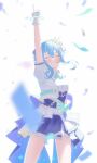  1girl blue_hair blue_skirt closed_eyes confetti cropped_jacket deozt grin headset highres hololive hololive_idol_uniform_(bright) hoshimachi_suisei mini_tiara pointing pointing_up skirt smile virtual_youtuber wrist_cuffs 