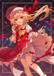  1girl apple ascot blonde_hair bloomers bow bow_bloomers crossed_bangs crystal feet_out_of_frame flandre_scarlet food frilled_skirt frills fruit hat holding holding_food holding_fruit lazuri7 long_hair looking_at_viewer mob_cap puffy_short_sleeves puffy_sleeves red_bow red_eyes red_skirt red_vest shirt short_sleeves skirt skirt_set solo teeth touhou underwear upper_teeth_only vest white_bloomers white_headwear white_shirt wings wrist_cuffs yellow_ascot 