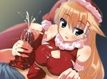  bad_id bad_pixiv_id blue_eyes breasts brown_hair christmas cleavage copyright_request cum handjob highres large_breasts long_hair penis santa_costume solo_focus teru_teru thighhighs 