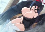  1girl areola_slip black_hair black_panties black_wings blue_archive breasts cleavage dutch_angle feathered_wings from_above funaya_(a2brasd) gigantic_breasts hair_between_eyes halo hasumi_(blue_archive) highres long_hair long_sleeves looking_at_viewer panties red_eyes red_halo sitting solo thighhighs underwear very_long_hair white_thighhighs wings 