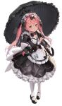  1girl :&lt; apron blush bow cocoa_(nikke) commentary_request full_body goddess_of_victory:_nikke kkuem long_hair maid maid_apron maid_headdress mary_janes non-web_source official_art pantyhose petticoat pink_hair ribbon shoes solo source_request twintails umbrella umbrella_gun yellow_eyes 