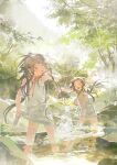  2girls :d absurdres arms_up blush brown_eyes brown_hair closed_eyes day dress highres kurikabacha long_hair multiple_girls nature one_eye_closed open_mouth original outdoors ribbon sleeveless sleeveless_dress smile standing sunlight tree twintails wading water wet white_dress 