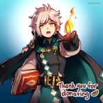  1boy artist_name belt black_cape black_robe blue_background blurry blurry_background book braid cape casting_spell clanne_(fire_emblem) english_commentary eyelashes fire fire_emblem fire_emblem_engage food fruit green_cape green_robe grey_hair gzei highres holding holding_book long_hair male_focus multicolored_robe open_mouth robe teeth thank_you twitter_username two-sided_cape two-sided_fabric two-tone_cape watermelon white_robe yellow_eyes 
