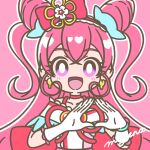  1girl bow bright_pupils brooch choker cone_hair_bun cure_precious delicious_party_precure double_bun earrings gloves hair_bow hair_bun heart heart_brooch highres jewelry long_hair looking_at_viewer mayena nagomi_yui off_shoulder outline pink_background pink_bow pink_choker pink_hair precure purple_eyes smile solo upper_body very_long_hair white_gloves white_outline white_pupils 