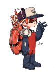  1girl artist_name baseball_cap blue_footwear boots closed_mouth commentary_request full_body gloves hat highres inkling inkling_girl inkling_player_character lifebuoy pointy_ears print_headwear red_eyes red_hair rubber_boots rubber_gloves salmon_run_(splatoon) shogo_(shogo70449442) short_hair simple_background smile solo splatoon_(series) splatoon_3 standing swim_ring tentacle_hair w white_background 