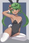  1girl :d absurdres alternate_costume animal_ears black_leotard blush breasts collarbone commentary covered_navel eyelashes flower full-body_tattoo genki2d green_eyes green_hair green_headband hair_flower hair_ornament hand_up headband highres leotard long_hair mallow_(pokemon) open_mouth pink_flower playboy_bunny pokemon pokemon_sm rabbit_ears rabbit_tail signature smile solo tail tattoo teeth thighhighs tongue twintails upper_teeth_only white_thighhighs wrist_cuffs 