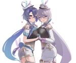  2girls alternate_costume azur_lane bellona_(azur_lane) blue_gloves blue_hair blush breast_press breasts cape epaulettes fake_tail foch_(azur_lane) from_side gloves heart holding_hands idol large_breasts long_bangs long_hair looking_at_viewer multiple_girls oza_osuwari purple_cape purple_eyes purple_hair rabbit_tail red_eyes short_hair shorts simple_background smile swept_bangs symmetrical_docking tail white_background white_headwear white_shorts 