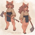 anthro asian_clothing axe blue_eyes clothed clothing domestic_pig east_asian_clothing female fur hair holding_axe holding_object holding_weapon hooves looking_at_viewer mammal messy_hair pig_nose pink_body pink_fur pink_hair pink_skin sketch solo suid suina sus_(pig) tateoftot thick_thighs tusks warrior weapon yellow_sclera