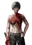  1girl belt blood highres holding holding_sword holding_weapon jujutsu_kaisen looking_at_viewer muscular muscular_female navel pants raberu_ruru scar scar_on_arm scar_on_face scar_on_stomach short_hair simple_background solo sword topless weapon white_background 