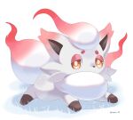  animal_focus artist_name gradient_fur highres hisuian_zorua iwasi_29 lying no_humans on_grass on_stomach pokemon pokemon_(creature) red_fur simple_background twitter_username white_background white_fur yellow_eyes 