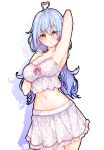 1girl ahoge armpits blue_hair blush breasts camisole cleavage frilled_camisole frills hair_between_eyes hair_ornament heart heart_ahoge highres hololive large_breasts long_hair looking_at_viewer ma_draws multicolored_hair navel official_alternate_costume open_mouth pointy_ears polka_dot polka_dot_camisole polka_dot_skirt skirt sleepwear solo streaked_hair virtual_youtuber white_camisole yellow_eyes yukihana_lamy yukihana_lamy_(4th_costume) 
