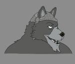 anthro bandanna black_nose canid canine canis fur hi_res kerchief male mammal monochrome multicolored_body multicolored_fur rhexenor_(xroshtag) simple_background simple_coloring simple_eyes smile solo tuft two_tone_body two_tone_fur wolf xroshtag_(artist)