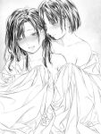 2girls blanket blush breasts closed_mouth commentary_request greyscale highres hug hug_from_behind large_breasts long_hair monochrome multiple_girls nude open_mouth original smile sweat takekawa_shin upper_body yuri 