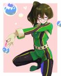  1girl :q absurdres asui_tsuyu asui_tsuyu_(cosplay) bchan1582 bodysuit boku_no_hero_academia border commentary cosplay english_commentary gloves green_bodysuit green_hair half-closed_eyes highres long_hair looking_at_viewer outstretched_arm pink_background purple_eyes side_ponytail smile soap_bubbles solo sousou_no_frieren squatting tongue tongue_out ubel_(sousou_no_frieren) white_border white_gloves 