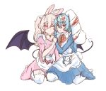  2girls ;3 absurdres ahoge animal_ears apron bell blue_dress blue_hair bow cheek-to-cheek collarbone demon_tail demon_wings double-parted_bangs dress garter_straps hair_between_eyes hand_on_another&#039;s_waist heads_together highres holding_hands indie_virtual_youtuber light_blue_hair long_hair lop_rabbit_ears multiple_girls neck_bell noiriririri one_eye_closed para_(vtuber) pink_dress pink_hair plaid plaid_bow pubic_tattoo rabbit_ears rabbit_girl rabbit_tail rimaeri sidelocks sitting tail tattoo thick_eyebrows two_side_up very_long_hair virtual_youtuber waist_apron white_apron white_background wings yokozuwari 